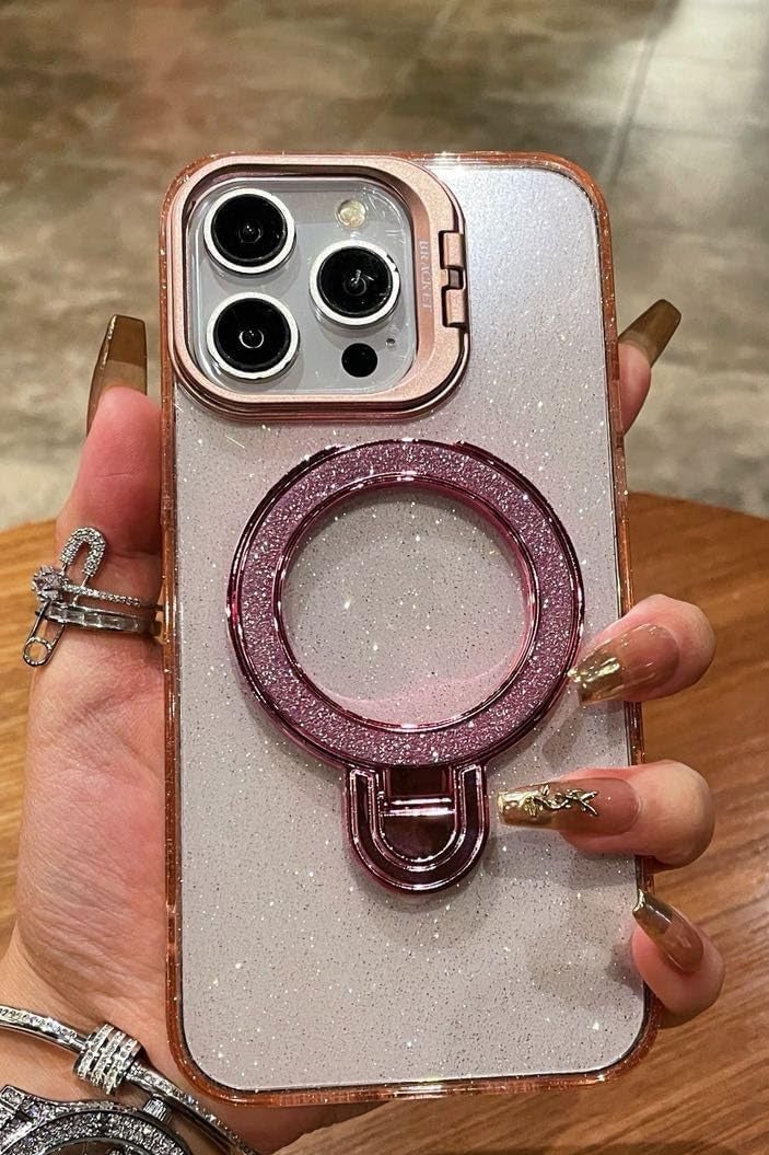 Glitter Liquid Kickstand Case for iPhone 13 Pro max,Cute Luxury Bling Sparkle with Camera stand Flowing Ring Stand Plating Bumper Shockproof Women Girls Cover for iPhone 13 pro max (Shiny Pink) - Image 1