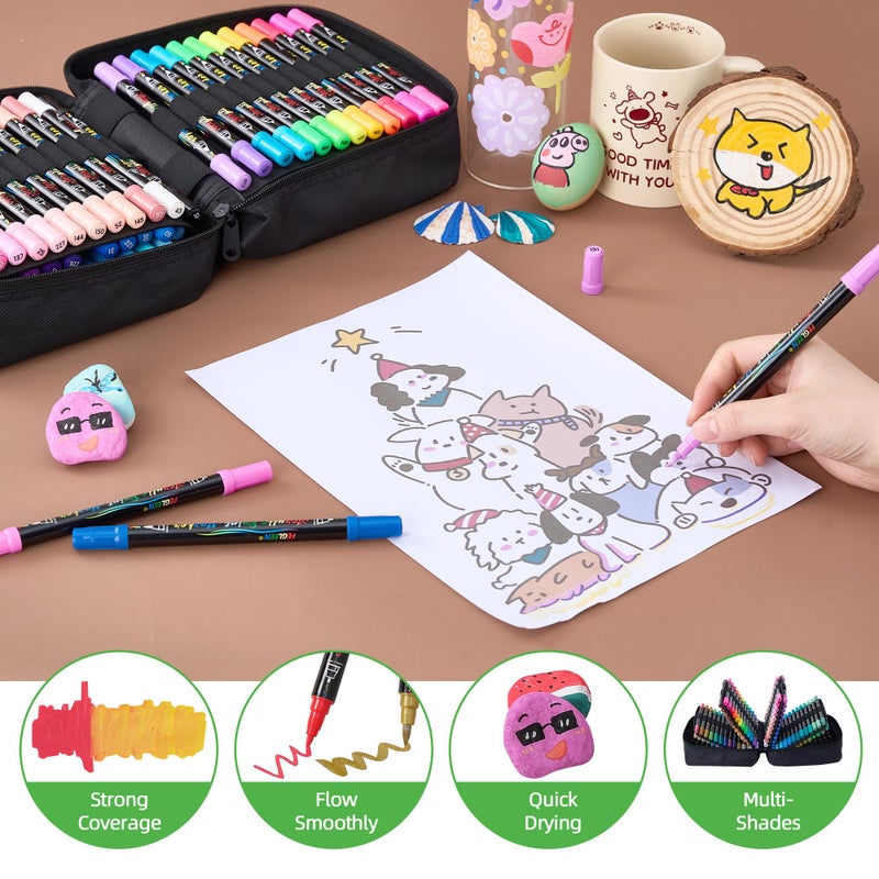 FEGLEEN 120 Colors Acrylic Paint Markers,Dual Tip Acrylic Marker Set With Fine Tip and Brush Tip Contain Metallic,Glitter,Neon,Morandi,Skin Tone Series for Rock Painting,Egg,Wood,Glass,Fabric,Crafts - Image 3