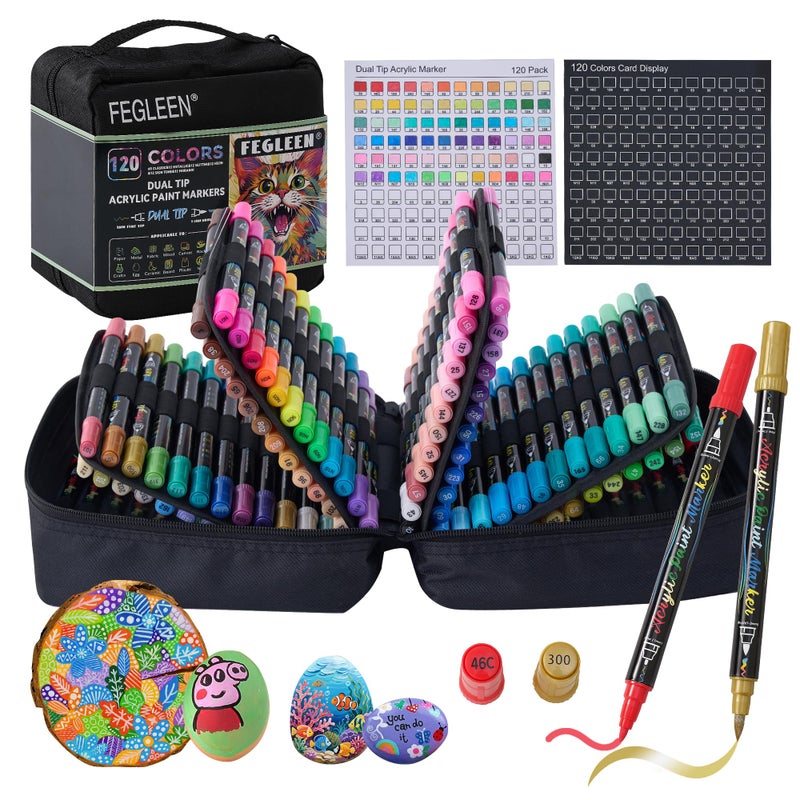 FEGLEEN 120 Colors Acrylic Paint Markers,Dual Tip Acrylic Marker Set With Fine Tip and Brush Tip Contain Metallic,Glitter,Neon,Morandi,Skin Tone Series for Rock Painting,Egg,Wood,Glass,Fabric,Crafts - Image 1