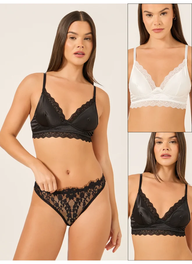 ستايلي Styli Pack of 2 - Non-Wired Padded Lace Trim Satin Bralette