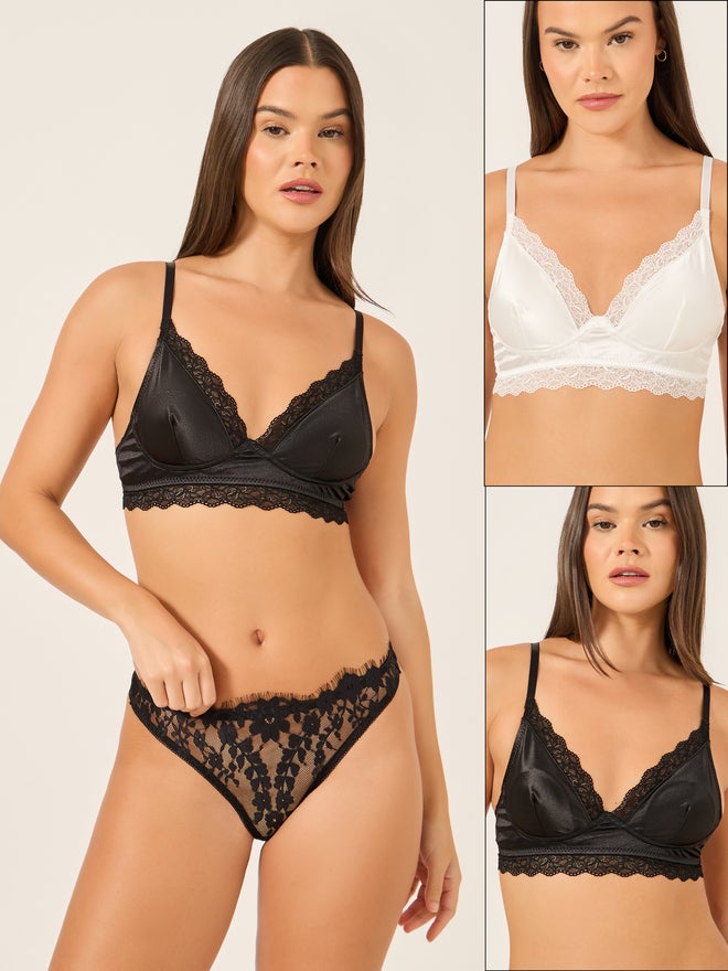 Styli Styli Pack of 2 - Non-Wired Padded Lace Trim Satin Bralette  - Image 1