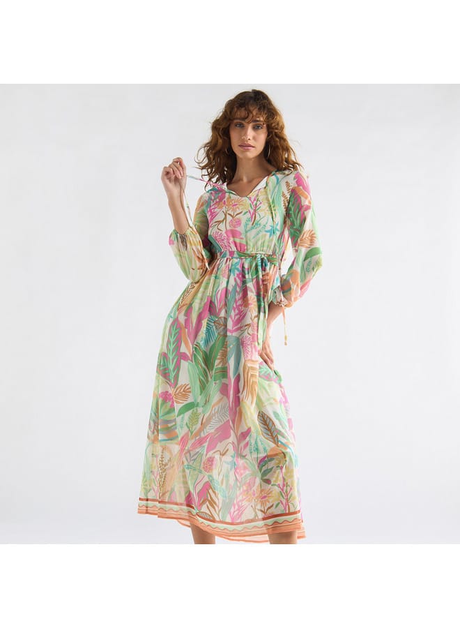 Splash FAV All-Over Floral Print Midi Dress with Tie-Up Neck and 3/4 Sleeves - Image 1