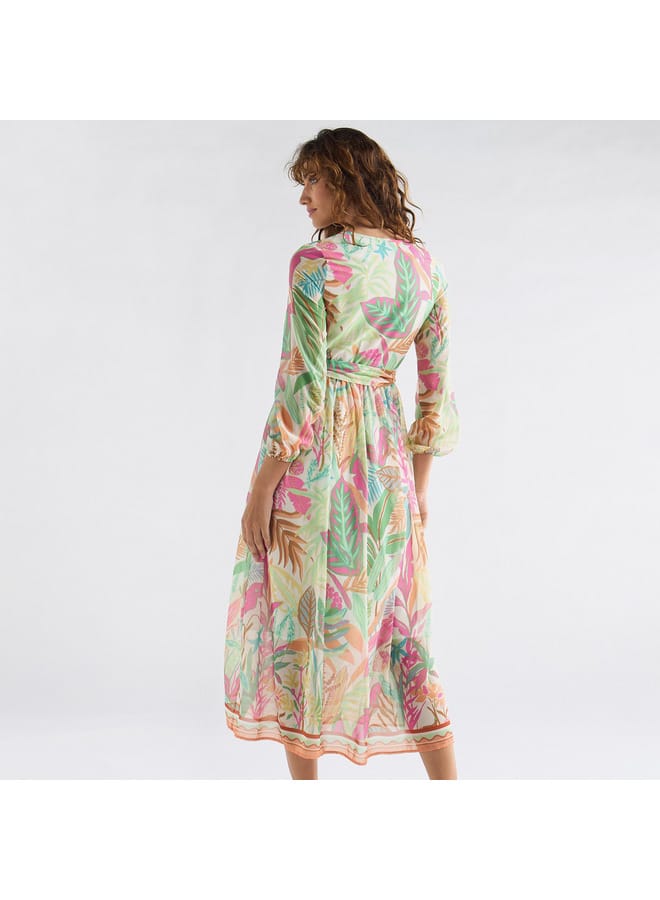 Splash FAV All-Over Floral Print Midi Dress with Tie-Up Neck and 3/4 Sleeves - Image 3