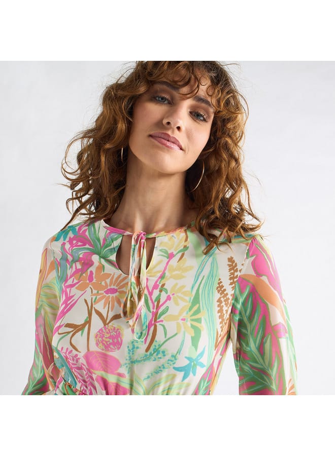 Splash FAV All-Over Floral Print Midi Dress with Tie-Up Neck and 3/4 Sleeves - Image 4