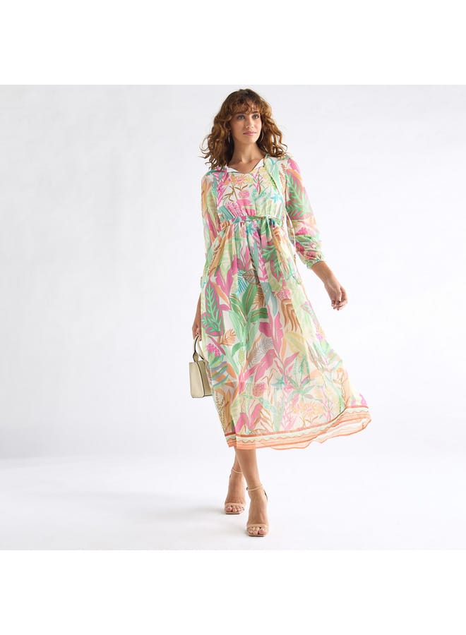 Splash FAV All-Over Floral Print Midi Dress with Tie-Up Neck and 3/4 Sleeves - Image 2