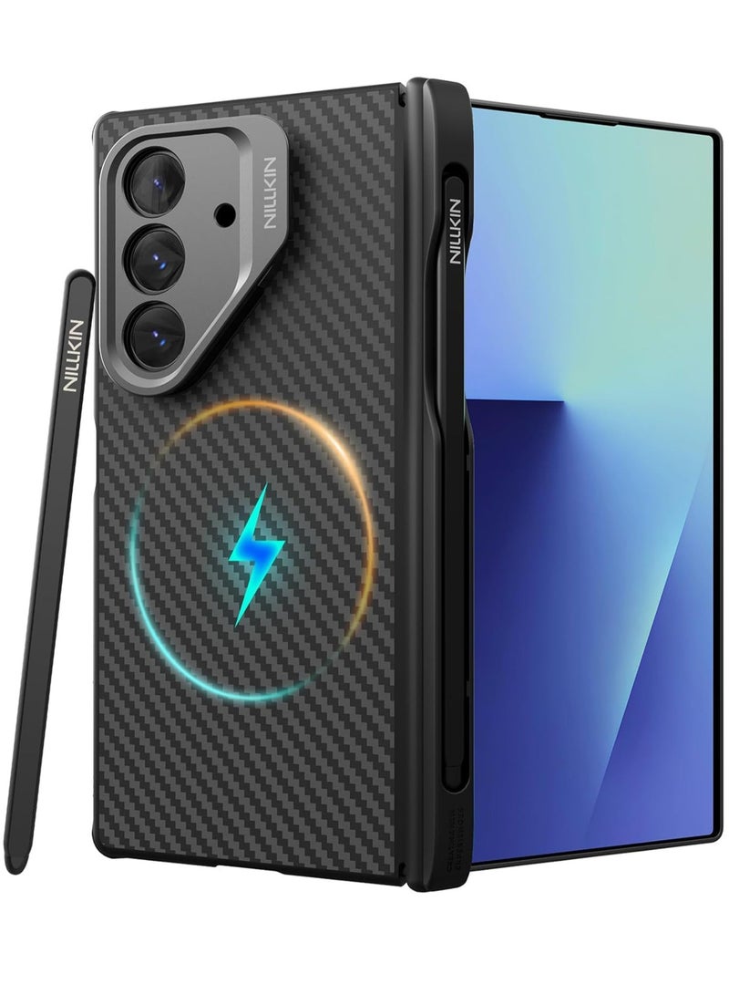 نيلكين حافظة من ألياف الكربون المغناطيسية لهاتف سامسونج جالاكسي Z فولد 7، غطاء W26، قلم كتابة مدمج، حامل قابل للتعديل، حماية للمفصلات، أسود - Image 1