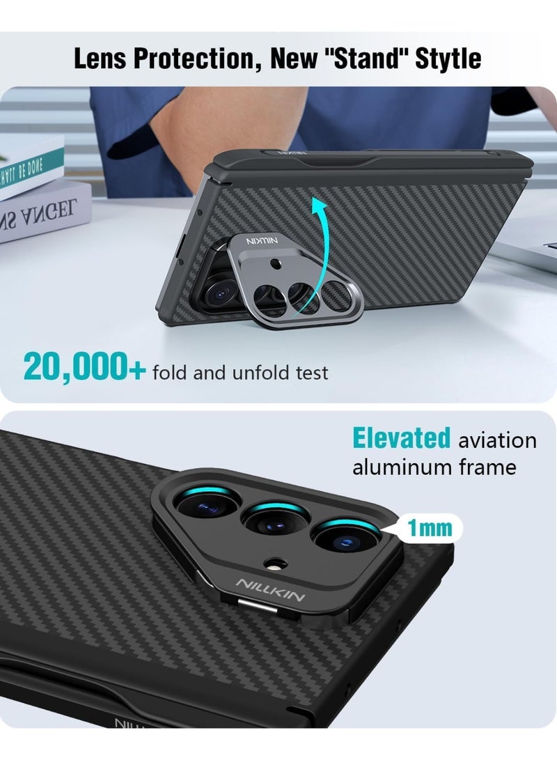 نيلكين حافظة من ألياف الكربون المغناطيسية لهاتف سامسونج جالاكسي Z فولد 7، غطاء W26، قلم كتابة مدمج، حامل قابل للتعديل، حماية للمفصلات، أسود - Image 5