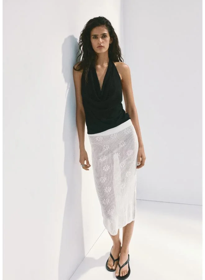 Mango 01-BLANCO Semi-Transparent Crochet Skirt With Flowers for Women | Best Price UAE