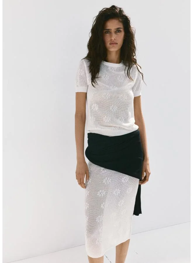 Mango 01-BLANCO Semi-Transparent Crochet Skirt With Flowers for Women | Best Price UAE