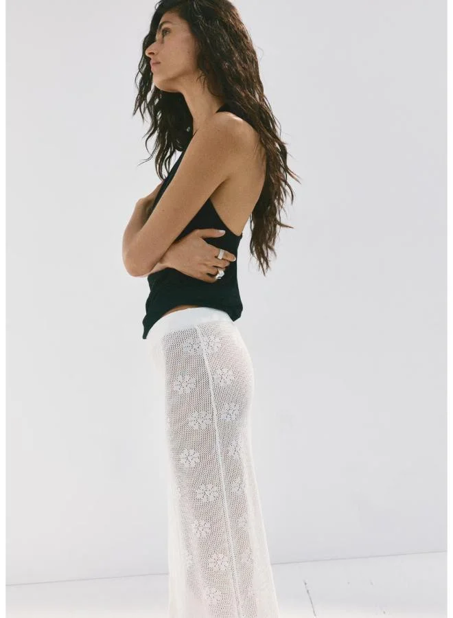 Mango 01-BLANCO Semi-Transparent Crochet Skirt With Flowers for Women | Best Price UAE