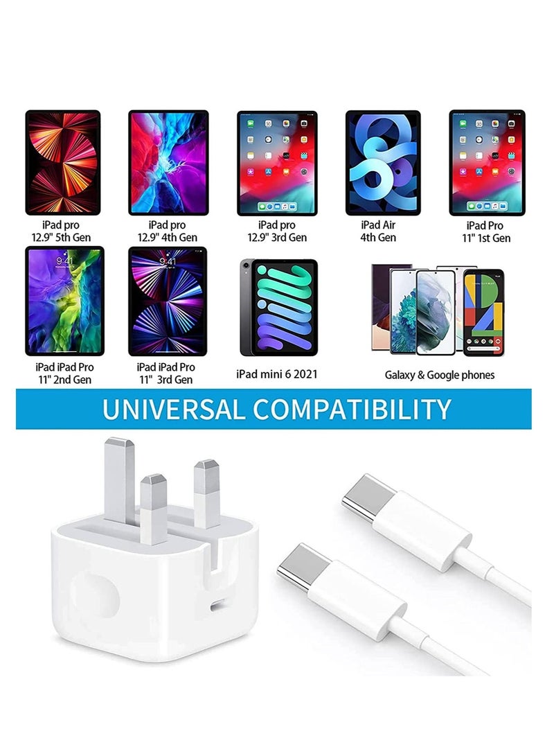 USB C charger and plug for ipad Pro, 20W Wall Fast Charger with 6.6FT USB C Fast Charging Cable Compatible for iPad Pro 12.9 5/4/3 Gen,iPad Pro 11 3/2/1 Gen,iPad - Image 2