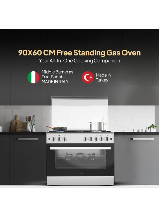 كروم موقد غاز قائم بذاته 90x60 سم | 5 شعلات غاز يورو بول | حماية من اللهب | ستانلس ستيل | مروحة توربو مزدوجة لتوزيع الحرارة بالتساوي | إشعال بضغطة زر - Image 2