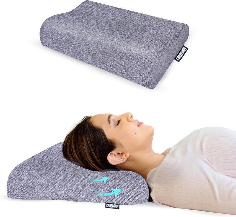 CareFoam وسادة عنق من نوع مصنوعة من إسفنج ذكي، ضمان لمدة سنتين، تخفيف الألم أثناء النوم، تحسين وضعية الجسم وتنظيم العمود الفقري، مقاس 23 × 14 × 4.5 بوصة، غطاء بلون أزرق مختلط، عبوة واحدة. - Image 1