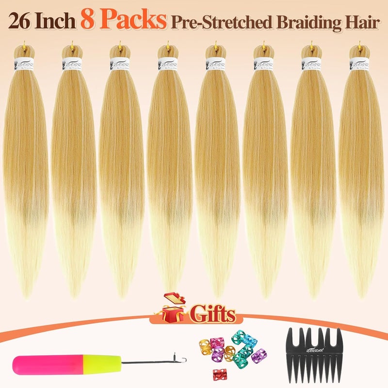 BARSDAR Pre Stretched Braids Hair, 66 cm, 8 Packs, Ombre Blonde Braiding Hair, Pre Stretched Extension, Yaki Hot Water Setting Synthetic Crochet Braiding Hair Extensions - T27/613# - Image 2