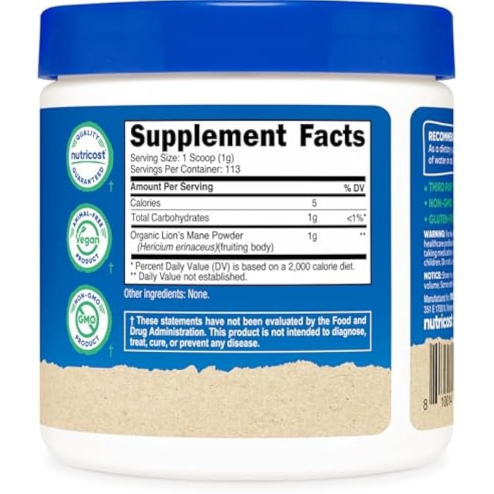 Nutricost Organic Lion's Mane Mushroom Powder 4oz - Certified USDA Organic - Image 5