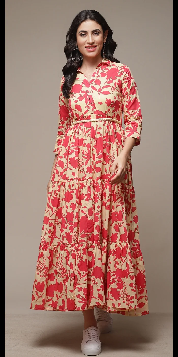 بيبا فستان مطبوع بطبقات من القطن البيج