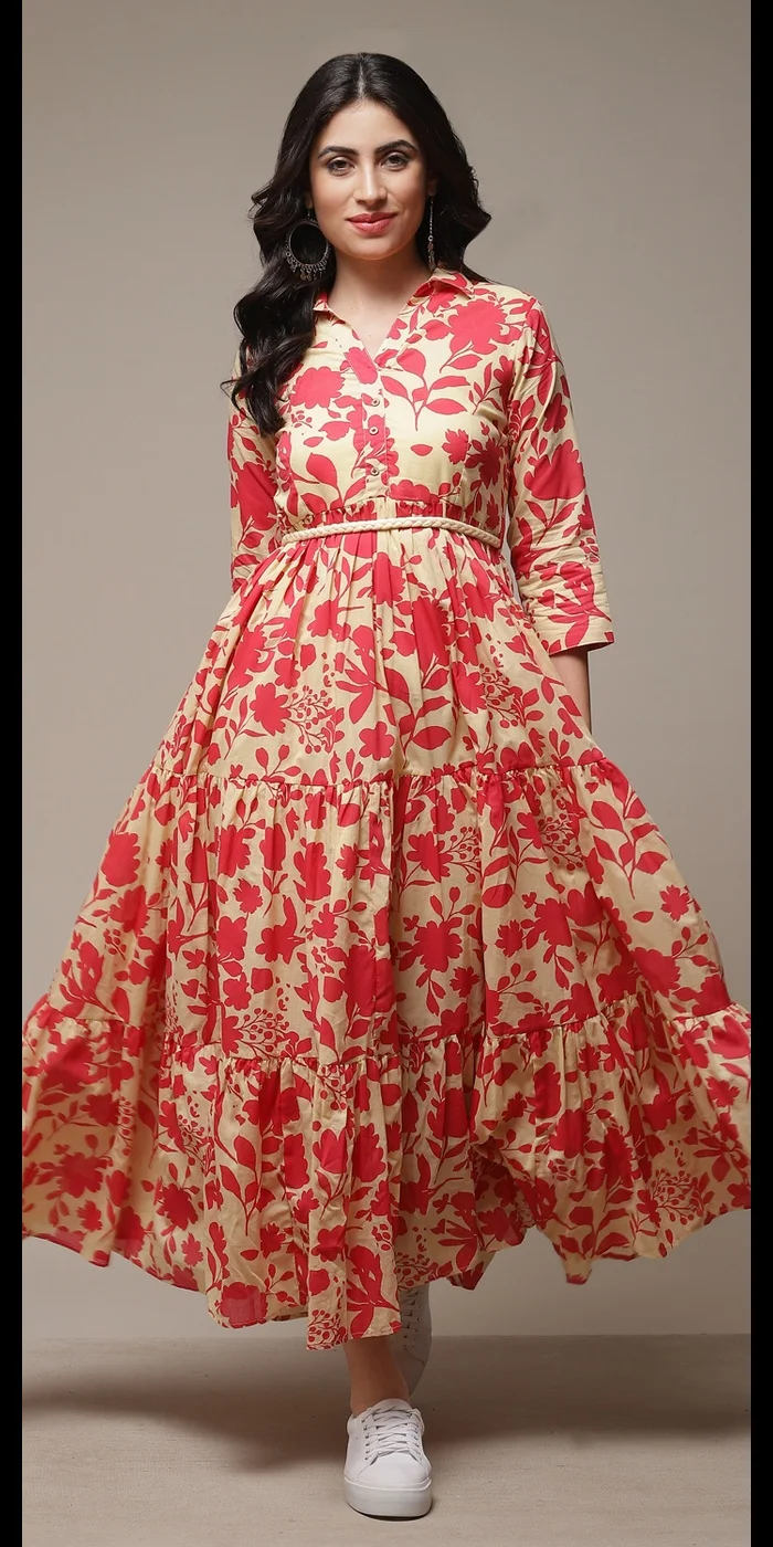 بيبا فستان مطبوع بطبقات من القطن البيج