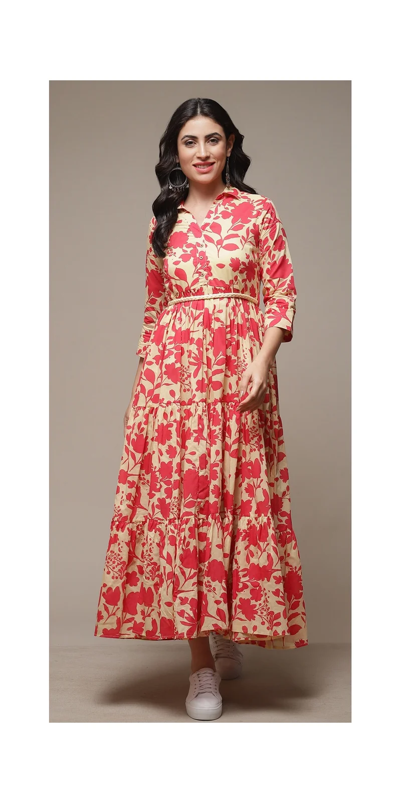 Biba Beige Cotton Tiered Printed Dress