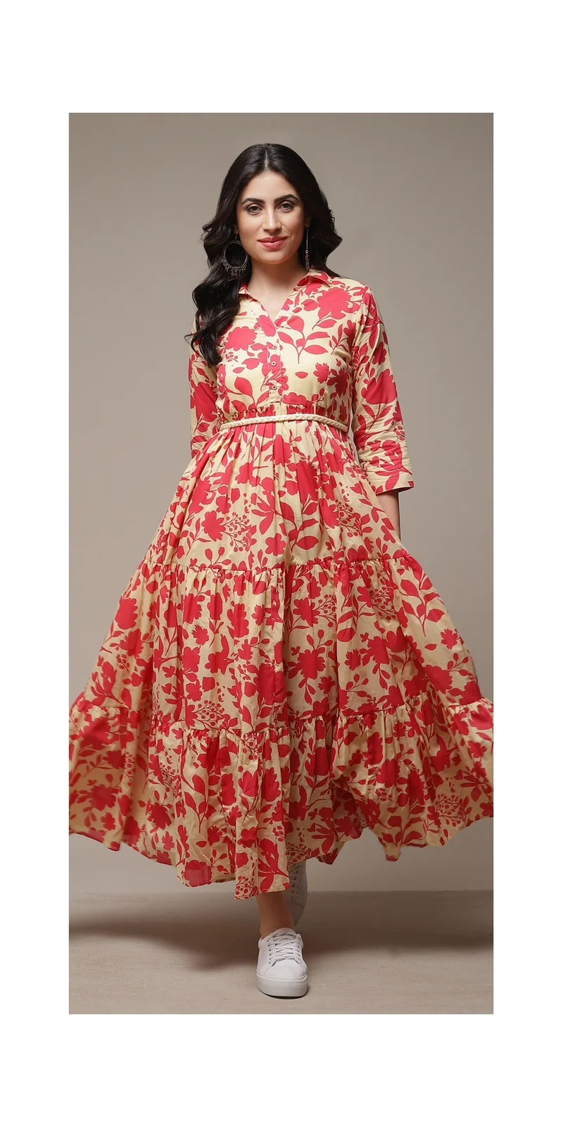 Biba Beige Cotton Tiered Printed Dress