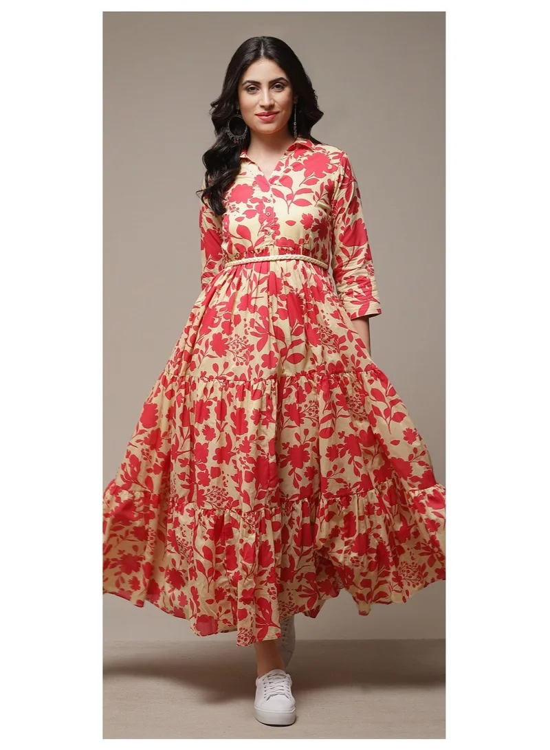 بيبا فستان مطبوع بطبقات من القطن البيج