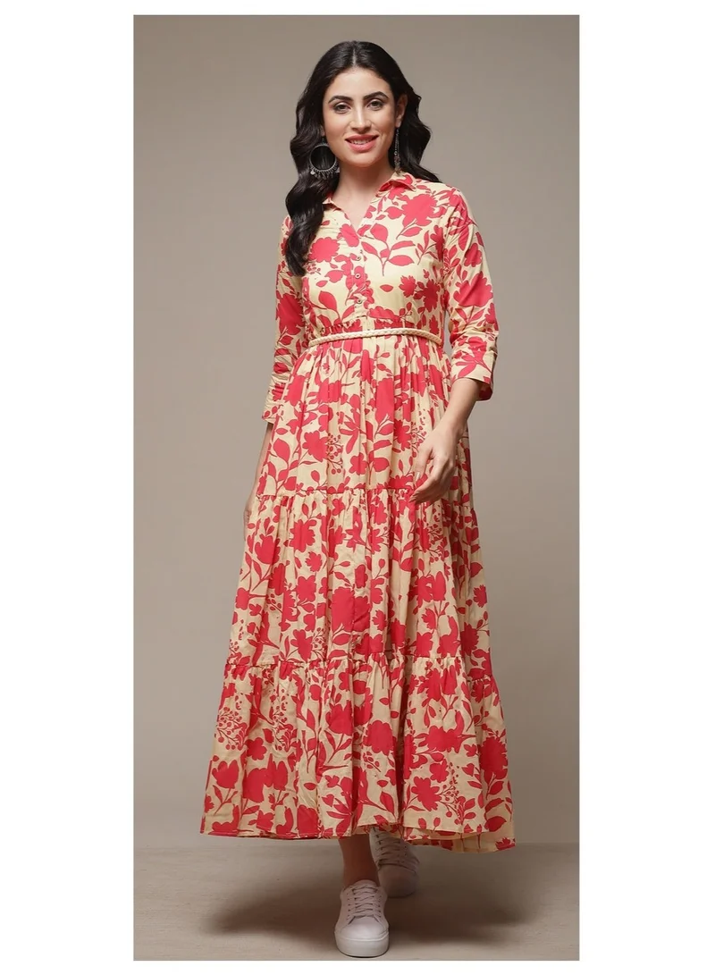 بيبا فستان مطبوع بطبقات من القطن البيج