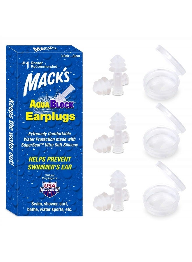 Mack's AquaBlock Swimming Earplugs, 3 Pair - Comfortable, Waterproof, Reusable Silicone Ear Plugs for Swimming, Snorkeling, Showering, Surfing and Bathing (Clear) - Image 1