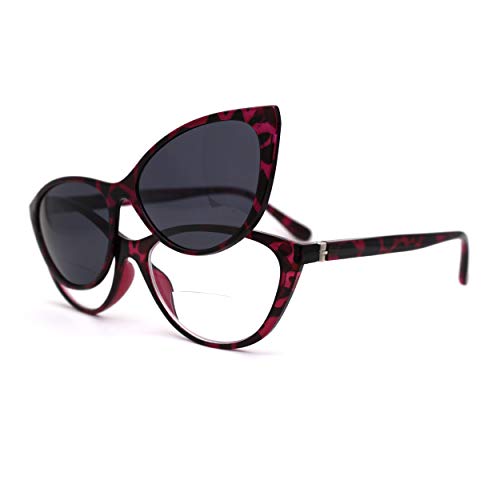 SA106 Cateye Magnetic Clip On Polarized Sunglasses On Bifocal Reading Glasses (Purple Tortoise, 2.00, x) - Image 1
