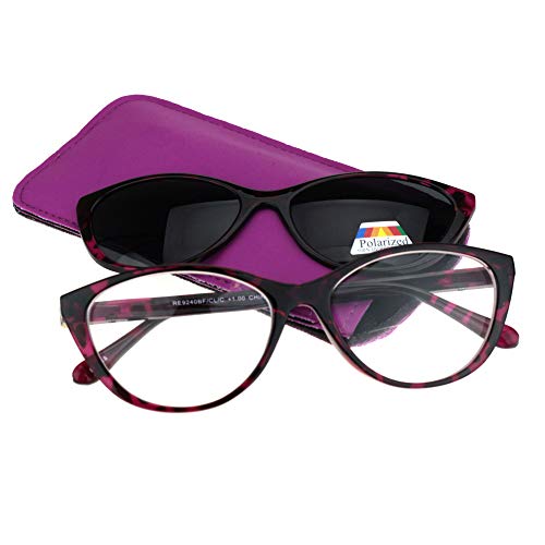 SA106 Cateye Magnetic Clip On Polarized Sunglasses On Bifocal Reading Glasses (Purple Tortoise, 2.00, x) - Image 2