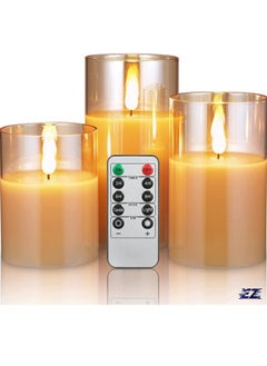 LED Flameless Candles – Battery Operated with Real Wax, Flickering Moving Wick Effect, Gold Halloween Glass Candle Set, Remote Control & Cycling Timer, 10cm, 12.5cm, 15cm, Set of 3