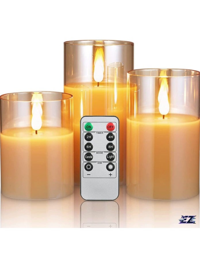 ELTRAZONE - LED Flameless Candles – Battery Operated with Real Wax, Flickering Moving Wick Effect, Gold Halloween Glass Candle Set, Remote Control & Cycling Timer, 10cm, 12.5cm, 15cm, Set of 3 - Image 1