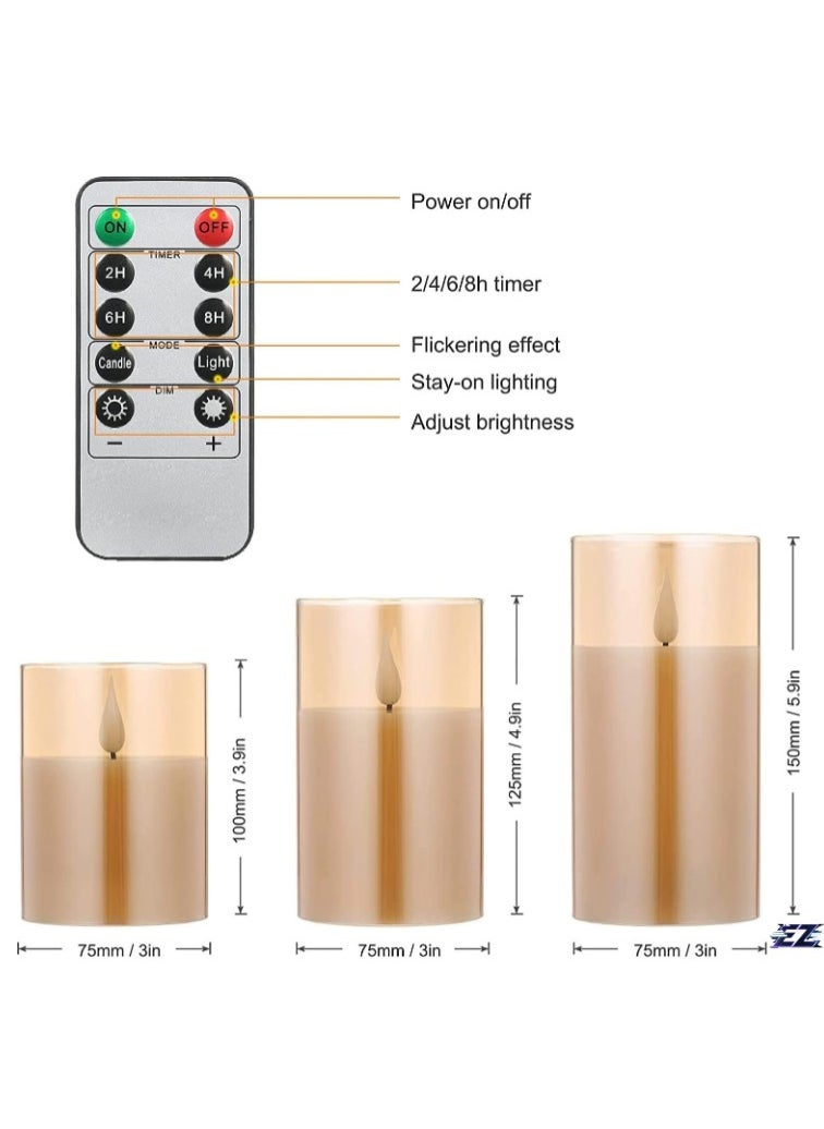 ELTRAZONE - LED Flameless Candles – Battery Operated with Real Wax, Flickering Moving Wick Effect, Gold Halloween Glass Candle Set, Remote Control & Cycling Timer, 10cm, 12.5cm, 15cm, Set of 3 - Image 1