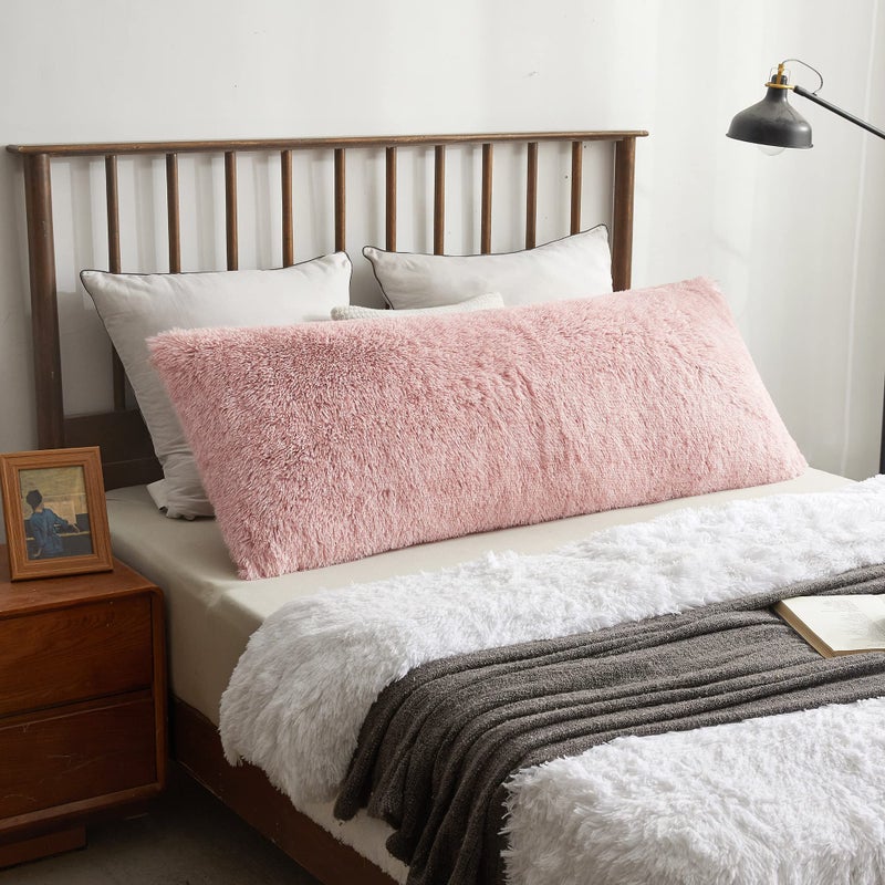XeGe Luxury Shaggy Faux Fur Body Pillow Cover Fluffy Bed Pillow Case with Zipper Closure Soft Decorative Plush Long Pillow Sham Fuzzy Hug Pillow for Home Bedroom Pregnant Women 20x54 Pink Ombre