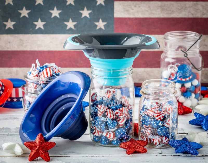 Brewing America قمع تعليب المطبخ - قمع طعام سيليكون قابل للطي لبرطمانات ماسون ذات الفم العريض والعادي - استخدام مرن للقهوة، السوائل، المربى، الطهي، الخبز، الحرف - أزرق - Image 2