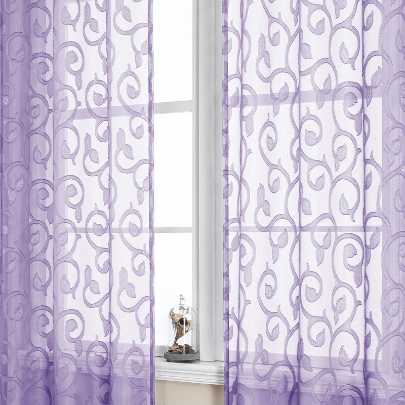 OWENIE Furman Sheer Curtains 72 inches Long for Bedroom Living Room 2 Panels Set  Clip Jacquard Light Purple Semi Sheer Curtains with Design  Light Filtering Rod Pocket Curtain  40Wx72L inch - Image 1