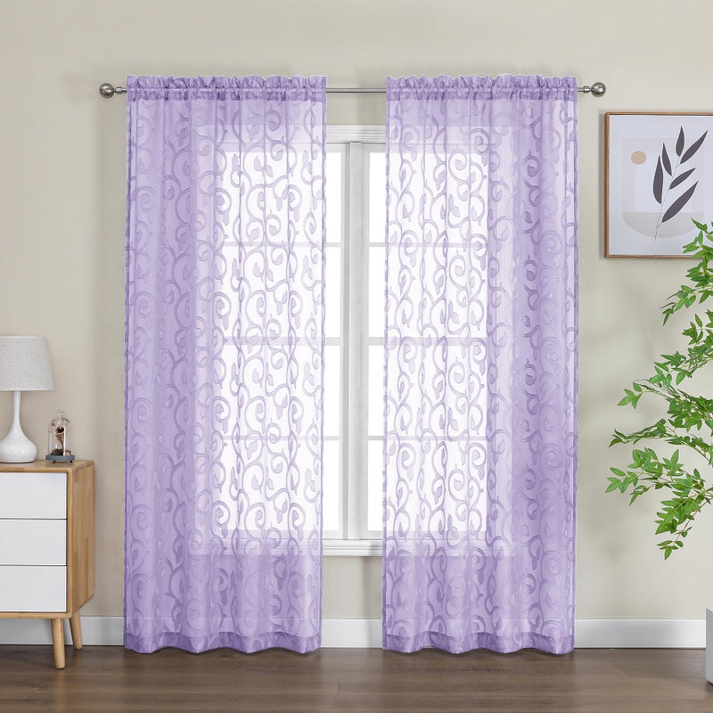 OWENIE Furman Sheer Curtains 72 inches Long for Bedroom Living Room 2 Panels Set  Clip Jacquard Light Purple Semi Sheer Curtains with Design  Light Filtering Rod Pocket Curtain  40Wx72L inch - Image 2