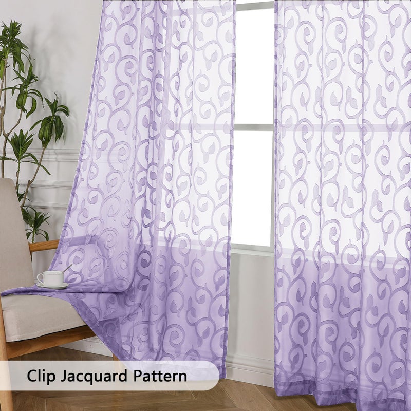 OWENIE Furman Sheer Curtains 72 inches Long for Bedroom Living Room 2 Panels Set  Clip Jacquard Light Purple Semi Sheer Curtains with Design  Light Filtering Rod Pocket Curtain  40Wx72L inch - Image 3