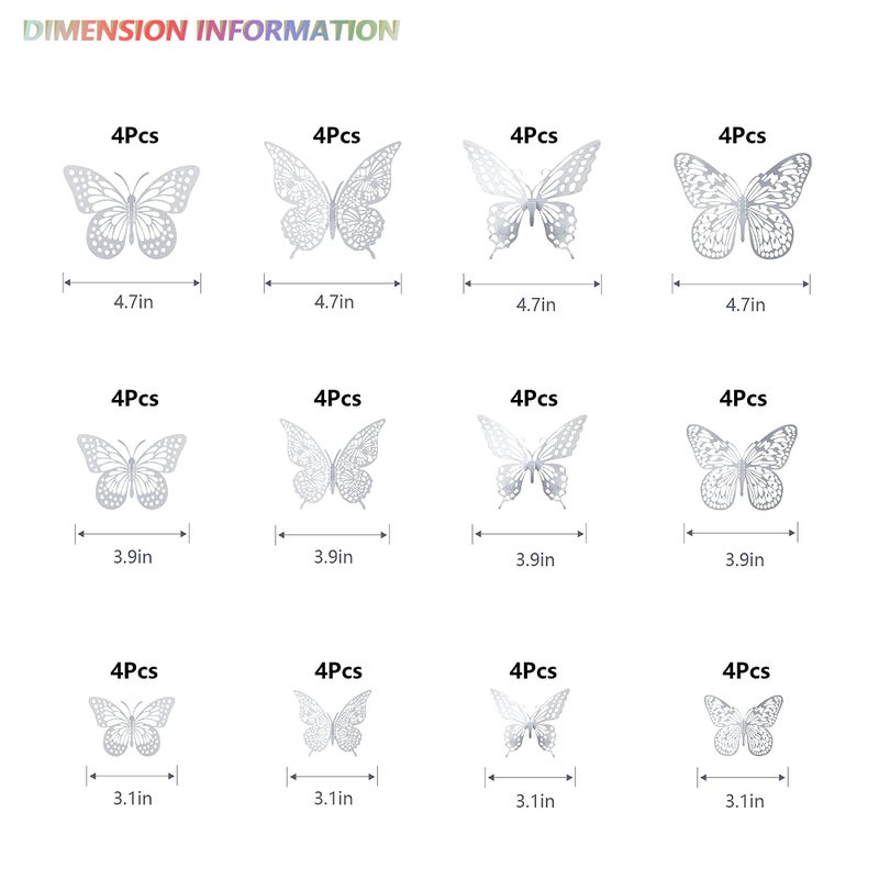 SAOROPEB 3D Butterfly Wall Decor, 48 Pcs 4 Styles 3 Sizes, Removable Metallic Wall Sticker Room Mural Decals for Kids Bedroom Nursery Classroom Party Decoration Wedding Decor DIY Gift (Sliver) - Image 5