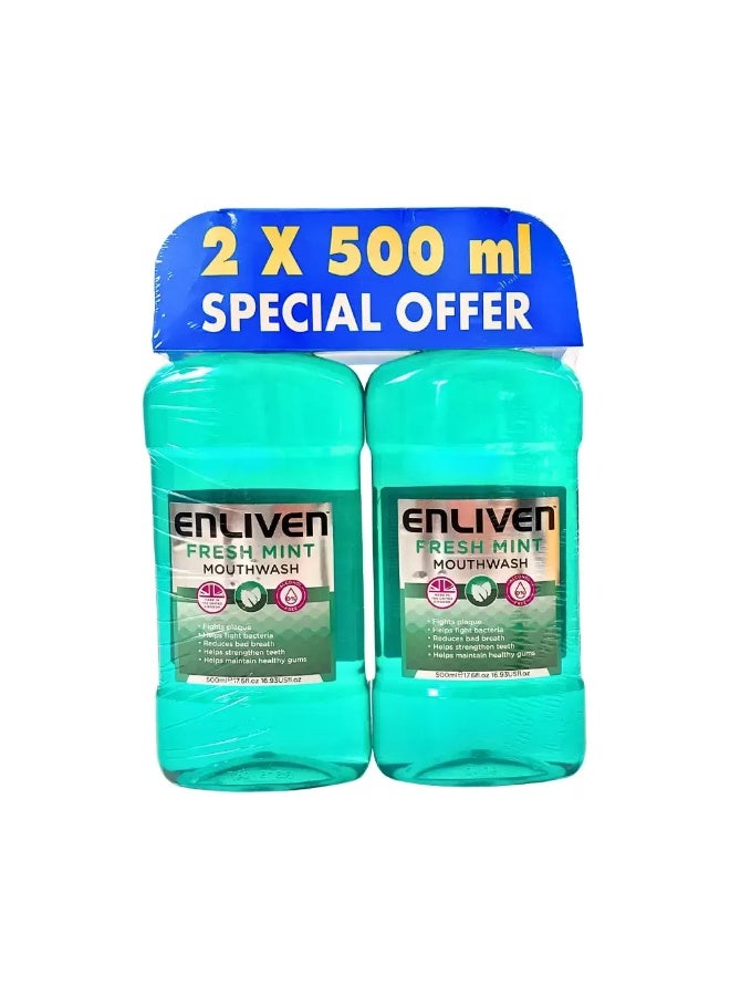 Enliven Fresh Mint Mouth Wash, Twin Pack- 2X500ml - Image 1