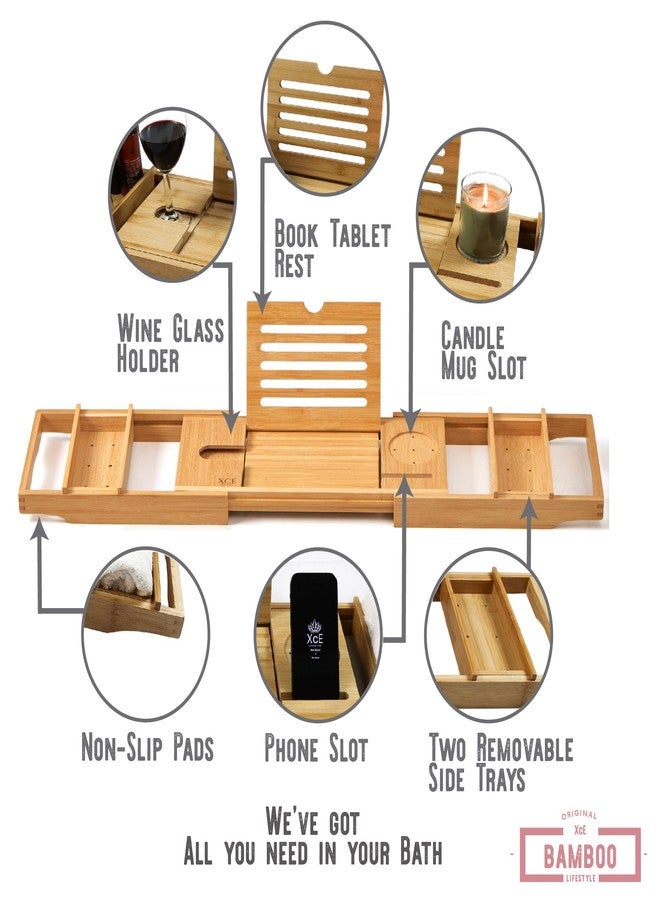 XcE Bathtub Caddy Tray Expandable to 105cm with Bamboo Book Stand and Soap Tray, Natural - Image 3