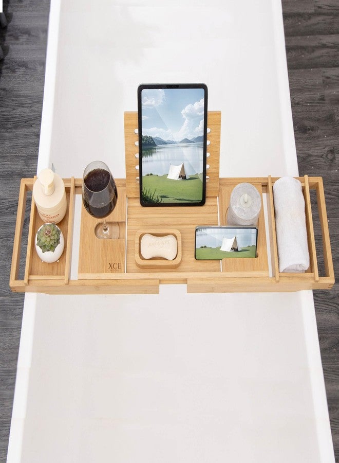 XcE Bathtub Caddy Tray Expandable to 105cm with Bamboo Book Stand and Soap Tray, Natural - Image 5