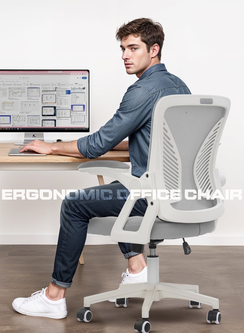 DROGO Premium Ergonomic Office Chair for Work from Home, High Back Computer Chair with Flip Up Armrest, Breathable Mesh, Rocking, Adjustable Seat, Winged Back | Mesh Chair for Office White/Grey  - Image 2