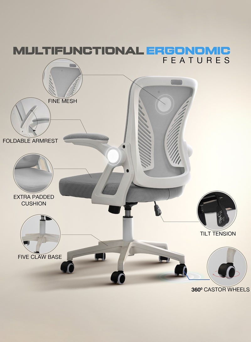 DROGO Premium Ergonomic Office Chair for Work from Home, High Back Computer Chair with Flip Up Armrest, Breathable Mesh, Rocking, Adjustable Seat, Winged Back | Mesh Chair for Office White/Grey  - Image 4