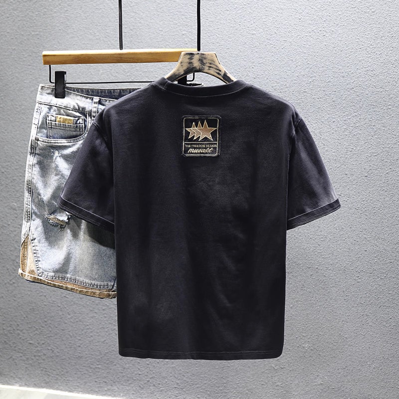 Pure Cotton Trendy Brand Light Luxury Short-Sleeved T-Shirt Men'S 2025 Half-Sleeved T-Shirt Washed American Style Gradient Clothes Ins - Image 4