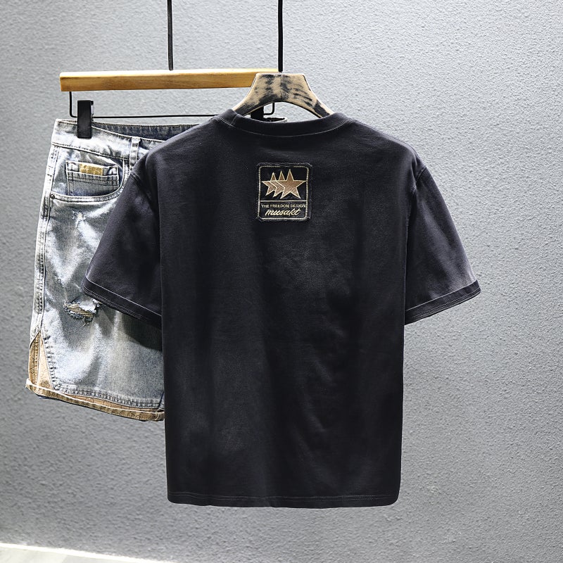 Pure Cotton Trendy Brand Light Luxury Short-Sleeved T-Shirt Men'S 2025 Half-Sleeved T-Shirt Washed American Style Gradient Clothes Ins - Image 1