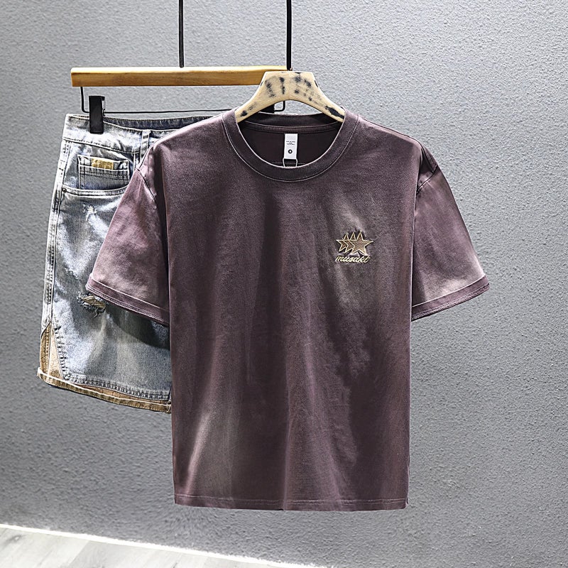 Pure Cotton Trendy Brand Light Luxury Short-Sleeved T-Shirt Men'S 2025 Half-Sleeved T-Shirt Washed American Style Gradient Clothes Ins - Image 3