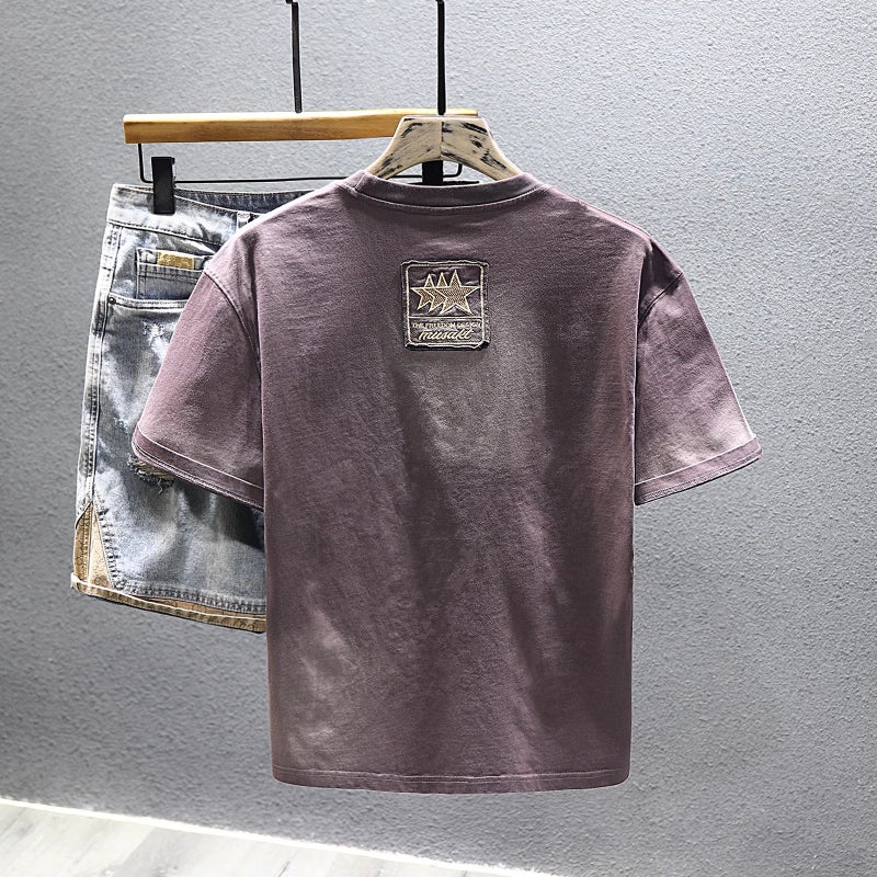 Pure Cotton Trendy Brand Light Luxury Short-Sleeved T-Shirt Men'S 2025 Half-Sleeved T-Shirt Washed American Style Gradient Clothes Ins - Image 2