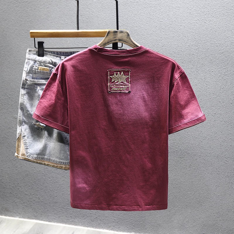 Pure Cotton Trendy Brand Light Luxury Short-Sleeved T-Shirt Men'S 2025 Half-Sleeved T-Shirt Washed American Style Gradient Clothes Ins - Image 5