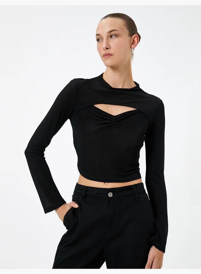 كوتون Cut Out Detail Draped Long Sleeve Crop T-Shirt