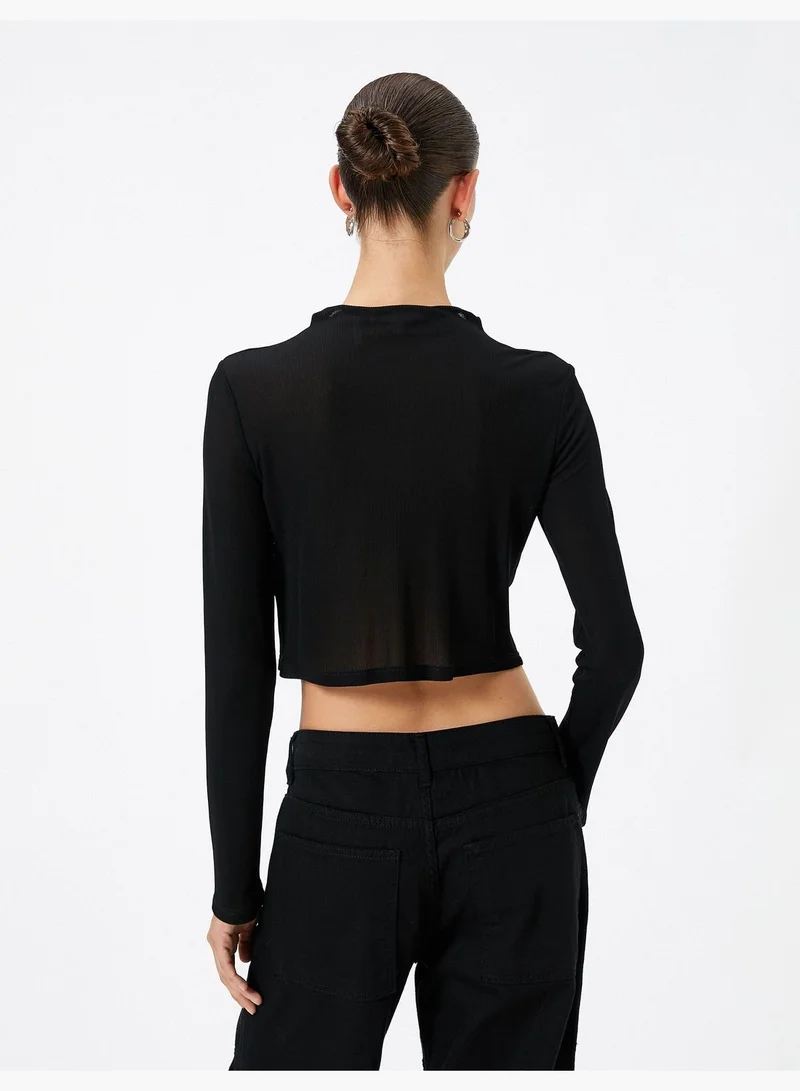 كوتون Cut Out Detail Draped Long Sleeve Crop T-Shirt