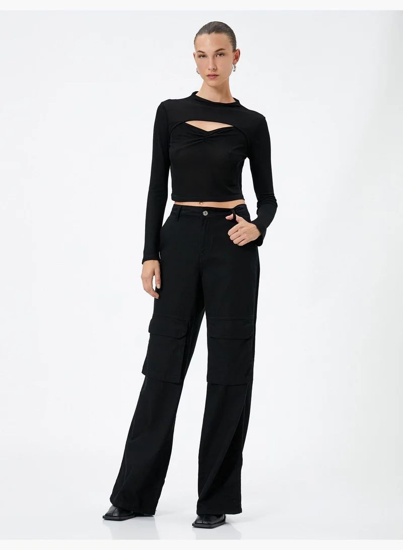 كوتون Cut Out Detail Draped Long Sleeve Crop T-Shirt